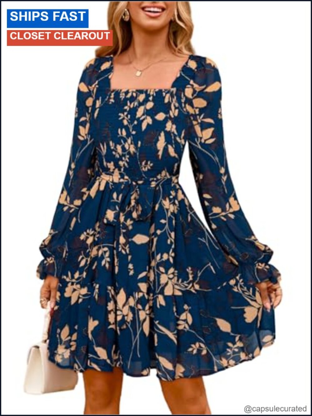 Womens Floral Long Sleeve Mini Dress Boho Square Neck Smocked A-Line Flowy